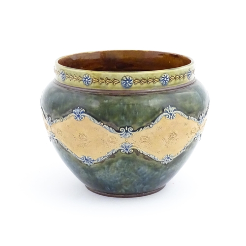 121 - A Royal Doulton Slaters patent stoneware jardiniere / planter with mottled blue / green glaze, the r... 