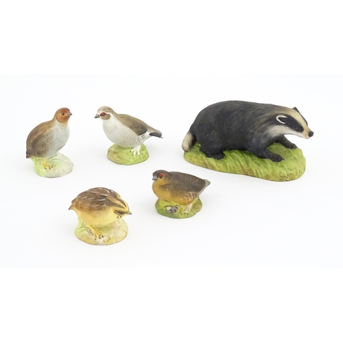 143 - Five Aynsley models of animals comprising Badger, Partridge, Quail, Grouse and Ptarmigan. Badger app... 