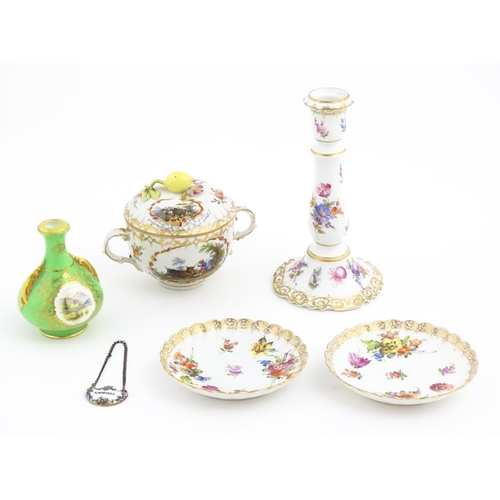 155 - A quantity of assorted ceramic items to include a twin handled sugar bowl and cover with hand painte... 