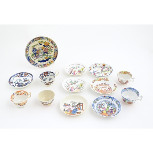 156 - A quantity of assorted cups and saucers, etc. with chinoiserie decoration. Plate approx. 8