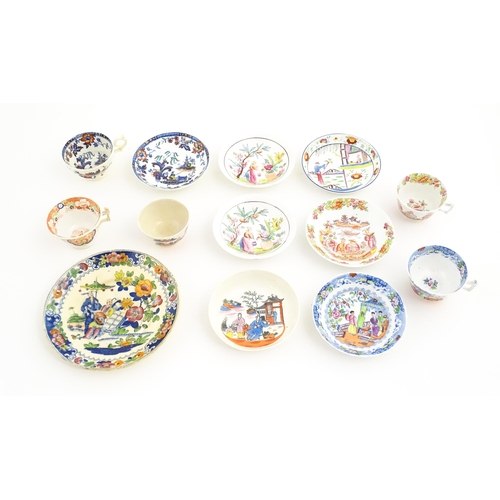 156 - A quantity of assorted cups and saucers, etc. with chinoiserie decoration. Plate approx. 8