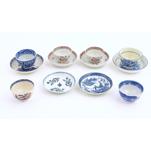 157 - A quantity of assorted tea bowls and saucers to include an early Worcester saucer decorated with a C... 