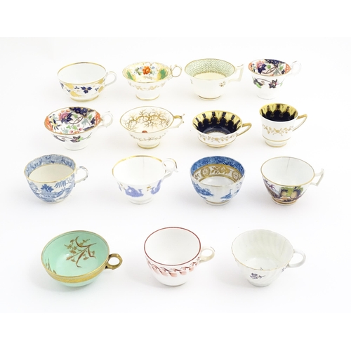 164 - A quantity of assorted tea cups and saucers to include examples by Rockingham, Bloor Derby, etc. Lar... 