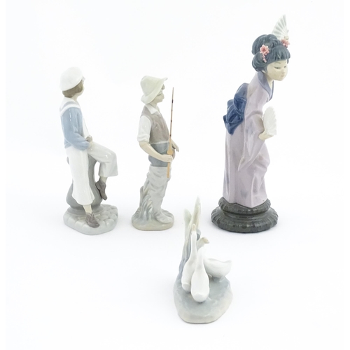 94 - Three Lladro figures comprising Madame Butterfly Geisha Girl model no. 4991, Going Fishing no. 4809,... 