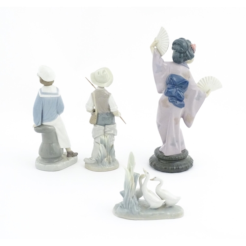 94 - Three Lladro figures comprising Madame Butterfly Geisha Girl model no. 4991, Going Fishing no. 4809,... 