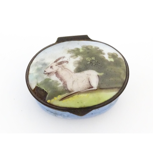 1120 - A 19thC Bilston enamel patch box, the lid decorated with a goat in a landscape. Approx. 1