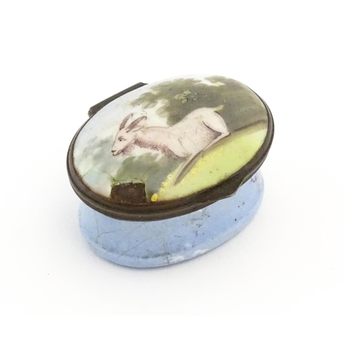 1120 - A 19thC Bilston enamel patch box, the lid decorated with a goat in a landscape. Approx. 1