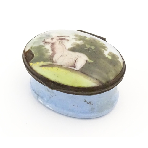 1120 - A 19thC Bilston enamel patch box, the lid decorated with a goat in a landscape. Approx. 1