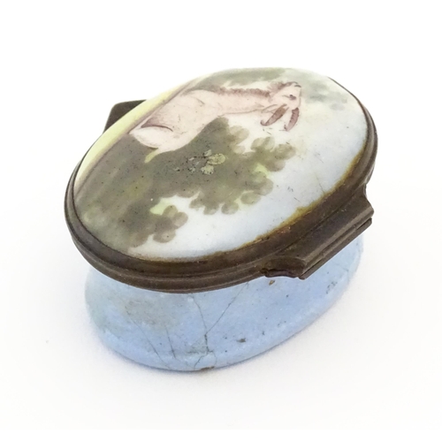 1120 - A 19thC Bilston enamel patch box, the lid decorated with a goat in a landscape. Approx. 1