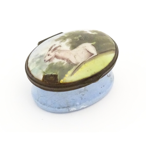 1120 - A 19thC Bilston enamel patch box, the lid decorated with a goat in a landscape. Approx. 1