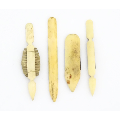 1144 - Four 19thC prisoner of war carved bone manicure tools / nail files, one with brush. Largest approx. ... 