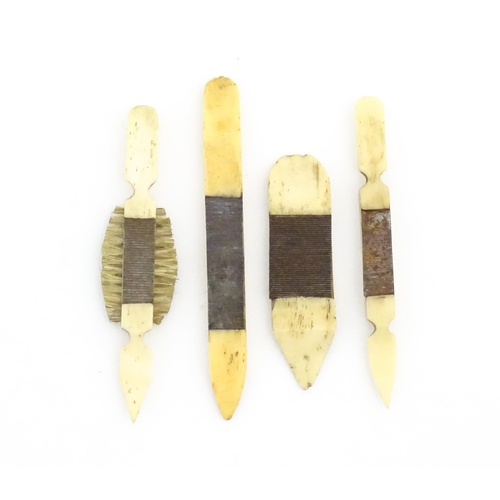 1144 - Four 19thC prisoner of war carved bone manicure tools / nail files, one with brush. Largest approx. ... 