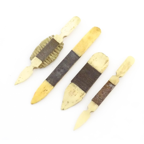 1144 - Four 19thC prisoner of war carved bone manicure tools / nail files, one with brush. Largest approx. ... 