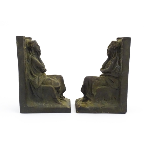 1151 - A pair of 20thC cast figural bookends after S. Morani depicting a seated Classical maiden in thought... 