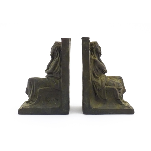 1151 - A pair of 20thC cast figural bookends after S. Morani depicting a seated Classical maiden in thought... 