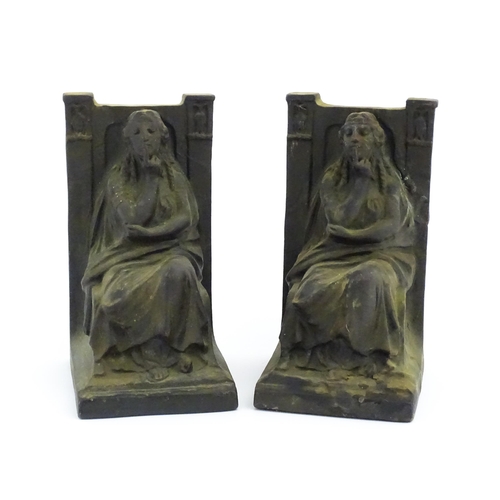 1151 - A pair of 20thC cast figural bookends after S. Morani depicting a seated Classical maiden in thought... 