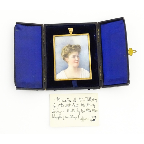 1157 - An early 20thC watercolour portrait miniature depicting a young woman - Miss Ruth Denny of Ditton Hi... 