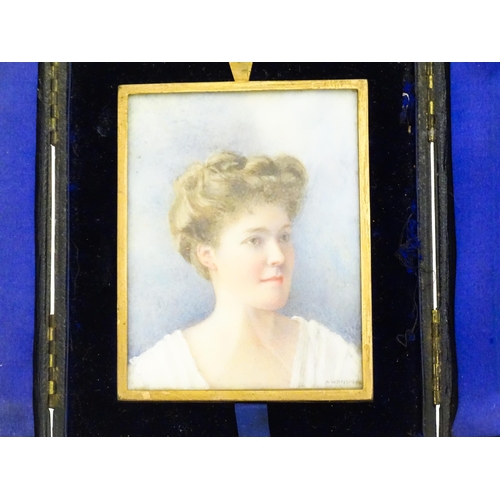 1157 - An early 20thC watercolour portrait miniature depicting a young woman - Miss Ruth Denny of Ditton Hi... 