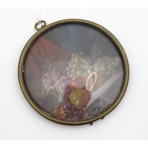 1160 - After Johann Georg Seitz (1810-1870), Oil on board, A miniature still life depicting fruit and flowe... 