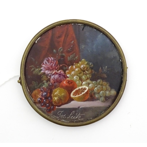 1160 - After Johann Georg Seitz (1810-1870), Oil on board, A miniature still life depicting fruit and flowe... 