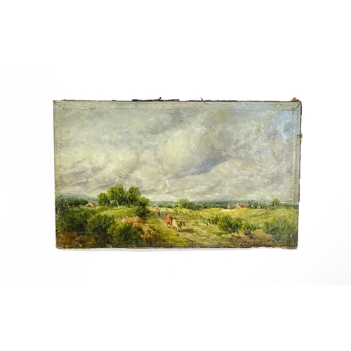 1161 - Late 19th / early 20th century, Oil on board, A landscape scene with a farmer and cows on a farm tra... 