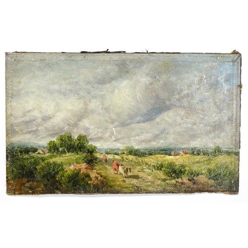 1161 - Late 19th / early 20th century, Oil on board, A landscape scene with a farmer and cows on a farm tra... 