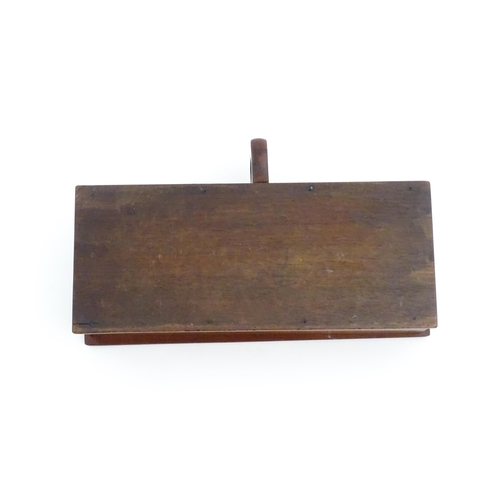 1188 - A mahogany box with handle and thumbpiece to side, the lid hinging open to reveal four compartmental... 