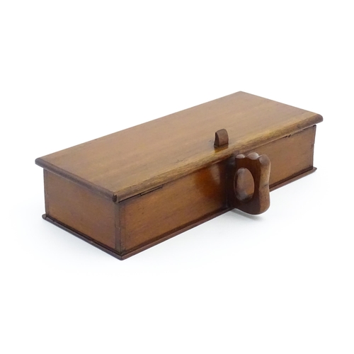 1188 - A mahogany box with handle and thumbpiece to side, the lid hinging open to reveal four compartmental... 