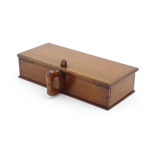 1188 - A mahogany box with handle and thumbpiece to side, the lid hinging open to reveal four compartmental... 