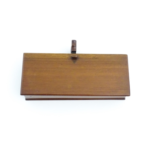 1188 - A mahogany box with handle and thumbpiece to side, the lid hinging open to reveal four compartmental... 