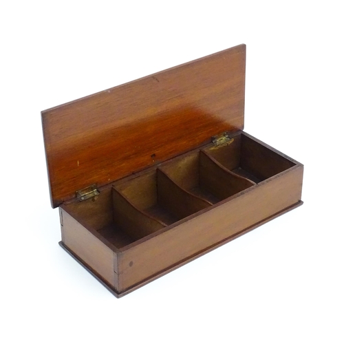 1188 - A mahogany box with handle and thumbpiece to side, the lid hinging open to reveal four compartmental... 