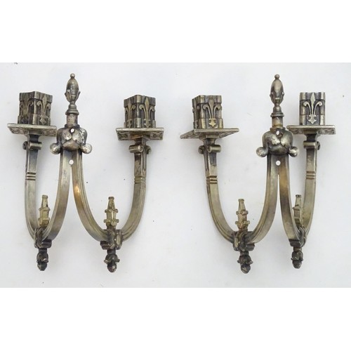 1239 - A pair of 20thC twin branch wall lights with Fleur de lys and stylised Georgian dolphin decoration A... 