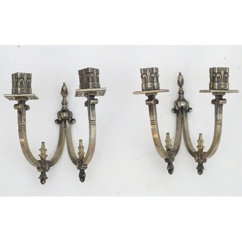 1239 - A pair of 20thC twin branch wall lights with Fleur de lys and stylised Georgian dolphin decoration A... 