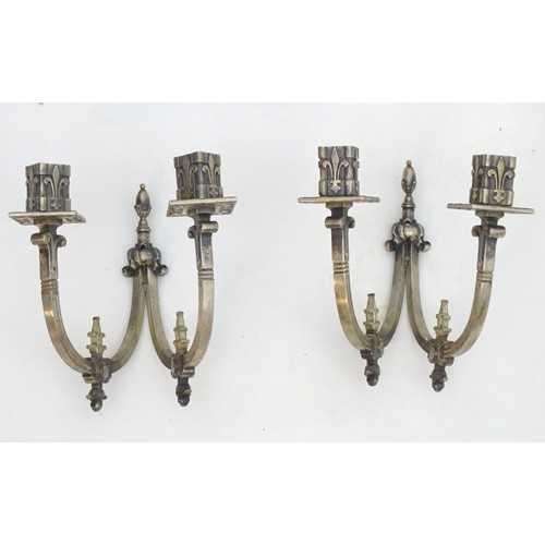 1239 - A pair of 20thC twin branch wall lights with Fleur de lys and stylised Georgian dolphin decoration A... 