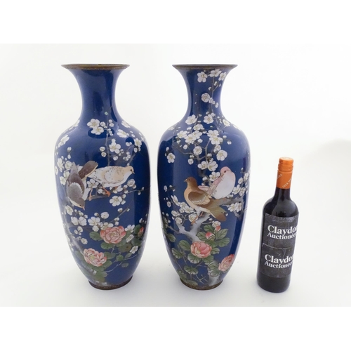 1242 - Two large Oriental cloisonne vases decorated with peony flowers, blossom and two doves / birds perch... 