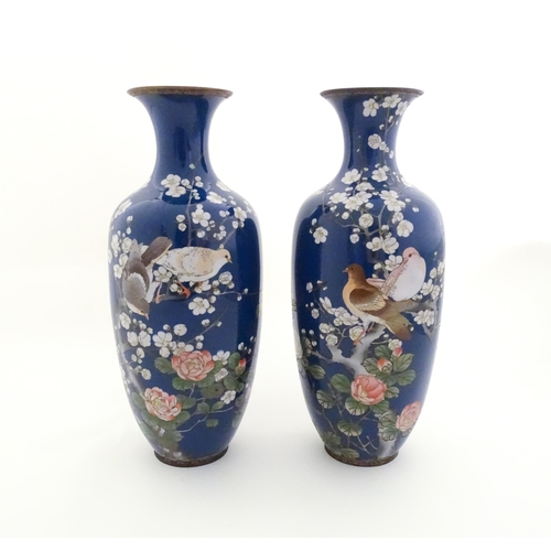 1242 - Two large Oriental cloisonne vases decorated with peony flowers, blossom and two doves / birds perch... 