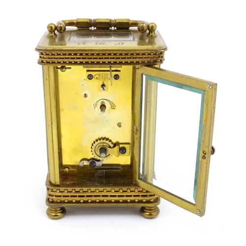 1296 - An early 20thC French carriage clock by Richard et Cie with Arabic numerals to dial and signed to fr... 