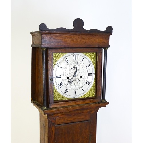 1307 - A late 18thC oak cased 8-day longcase clock. The silvered dial with Roman and Arabic numerals, subsi... 