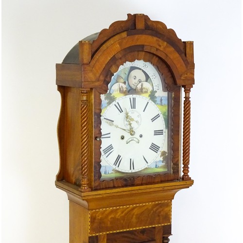 1308 - A 19thC mahogany cased 8-day long case clock. The painted dial with Roman and Arabic numerals, subsi... 