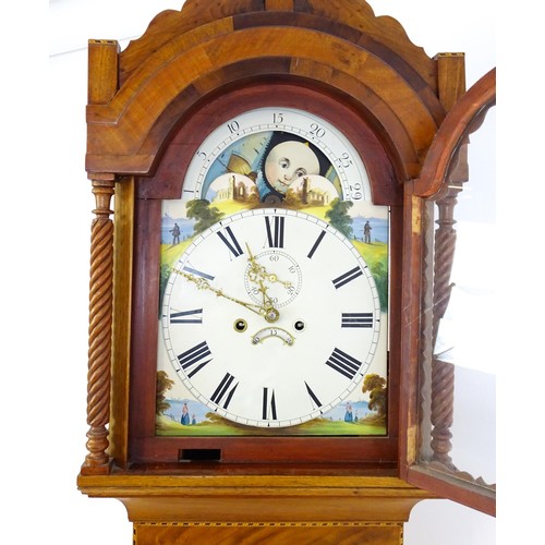 1308 - A 19thC mahogany cased 8-day long case clock. The painted dial with Roman and Arabic numerals, subsi... 