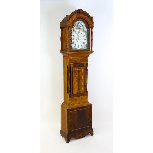 1308 - A 19thC mahogany cased 8-day long case clock. The painted dial with Roman and Arabic numerals, subsi... 