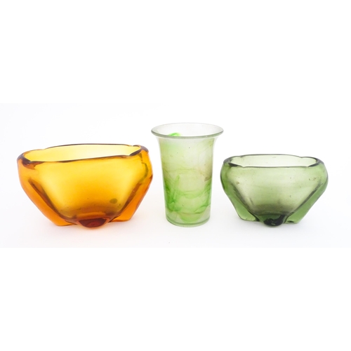 238 - Three items of art glass comprising two Whitefriars vases, and a green glass vase in the manner of K... 