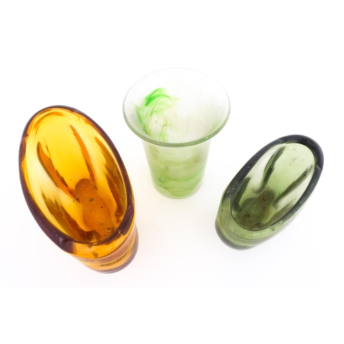 238 - Three items of art glass comprising two Whitefriars vases, and a green glass vase in the manner of K... 