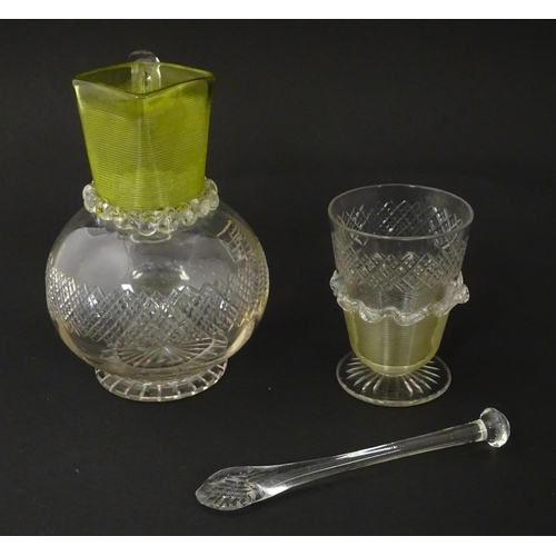 239 - A Victorian water jug and glass with banded yellow detail. Together with a glass stirrer. Jug approx... 