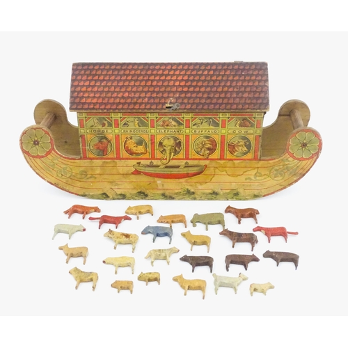 822 - Toys: An early 20thC German Noah's Ark and Animals, the wooden ark with pitched roof and lithograph ... 