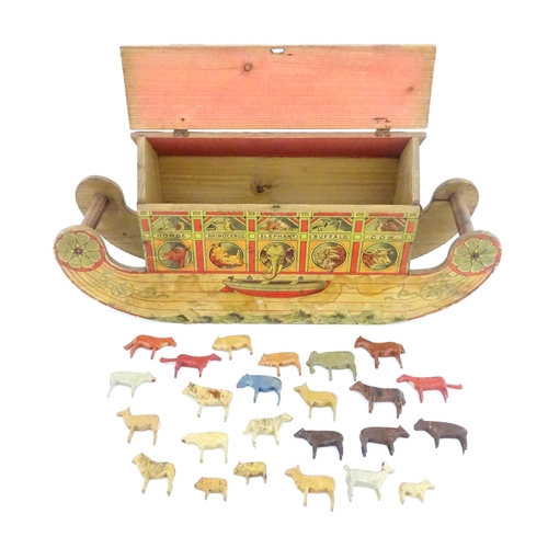 822 - Toys: An early 20thC German Noah's Ark and Animals, the wooden ark with pitched roof and lithograph ... 