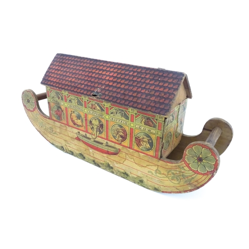 822 - Toys: An early 20thC German Noah's Ark and Animals, the wooden ark with pitched roof and lithograph ... 