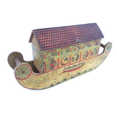 822 - Toys: An early 20thC German Noah's Ark and Animals, the wooden ark with pitched roof and lithograph ... 