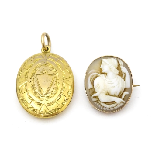 708 - A Classical shell carved cameo within a yellow metal surround. Together with a locket formed pendant... 