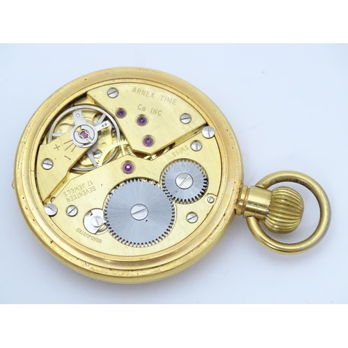 759 - Arnex Time Co. Inc : A gold plated pocket watch, the dial signed Arnex . Approx 1 3/4